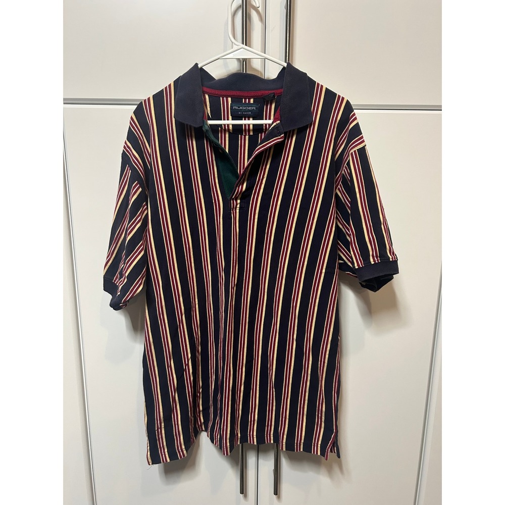 Rugger by Gant Mens XL Vertical Stripe Polo Shirt Navy Burgundy Yellow Cotton